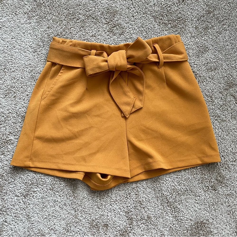 Women's Colorful Warm Mustard Yellow Tie-Waist Shorts Paper-Bag Small